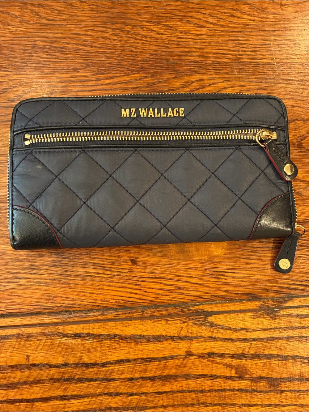 MZ Wallace Quilted Navy Zip-Around Wallet with Gold Hardware